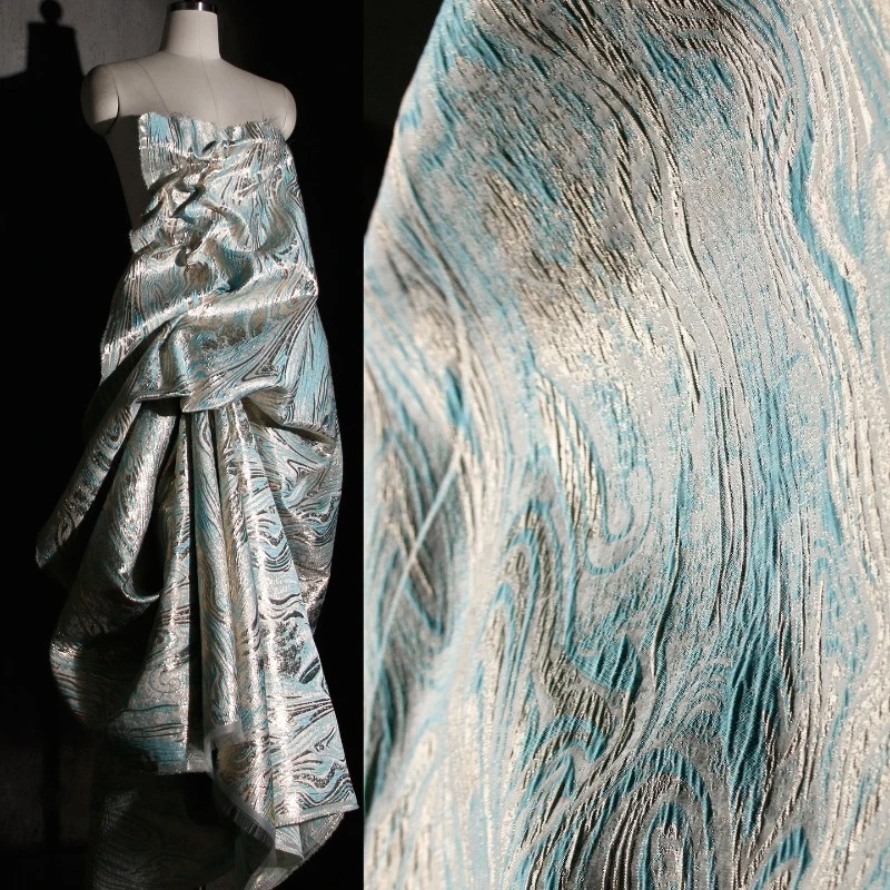 

Винтажная серебристо-синяя жаккардовая ткань для высококачественных креативных полосатых сверкающих дизайнерских тканей Hanfu на дворе, ткань для шитья своими руками