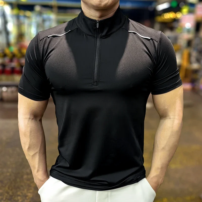 

Men Running Short Sleeve T-shirt Outdoor Fitness Muscle Fit Shirt for Male Gym Jogging Sports Tops Tennis Elastic Breathable Tee