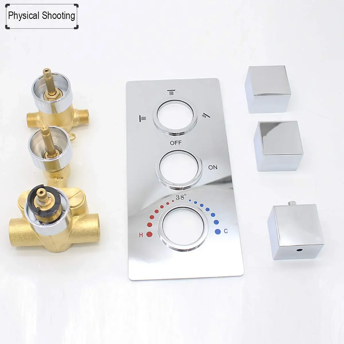 Brass Concealed 3-Way Shower Diverter valve Thermostatic Mixer Faucet Mixing Valve Square 3 Handles Chrome