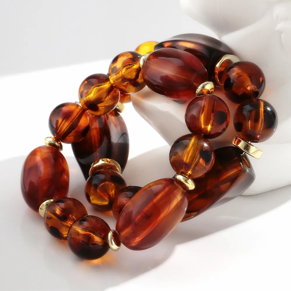 Maillard Resin Leopard Irregular Beads Stretch Bracelets Fashion Acrylic Geometric Beaded Elastic Bangles Autumn Winter Jewelry