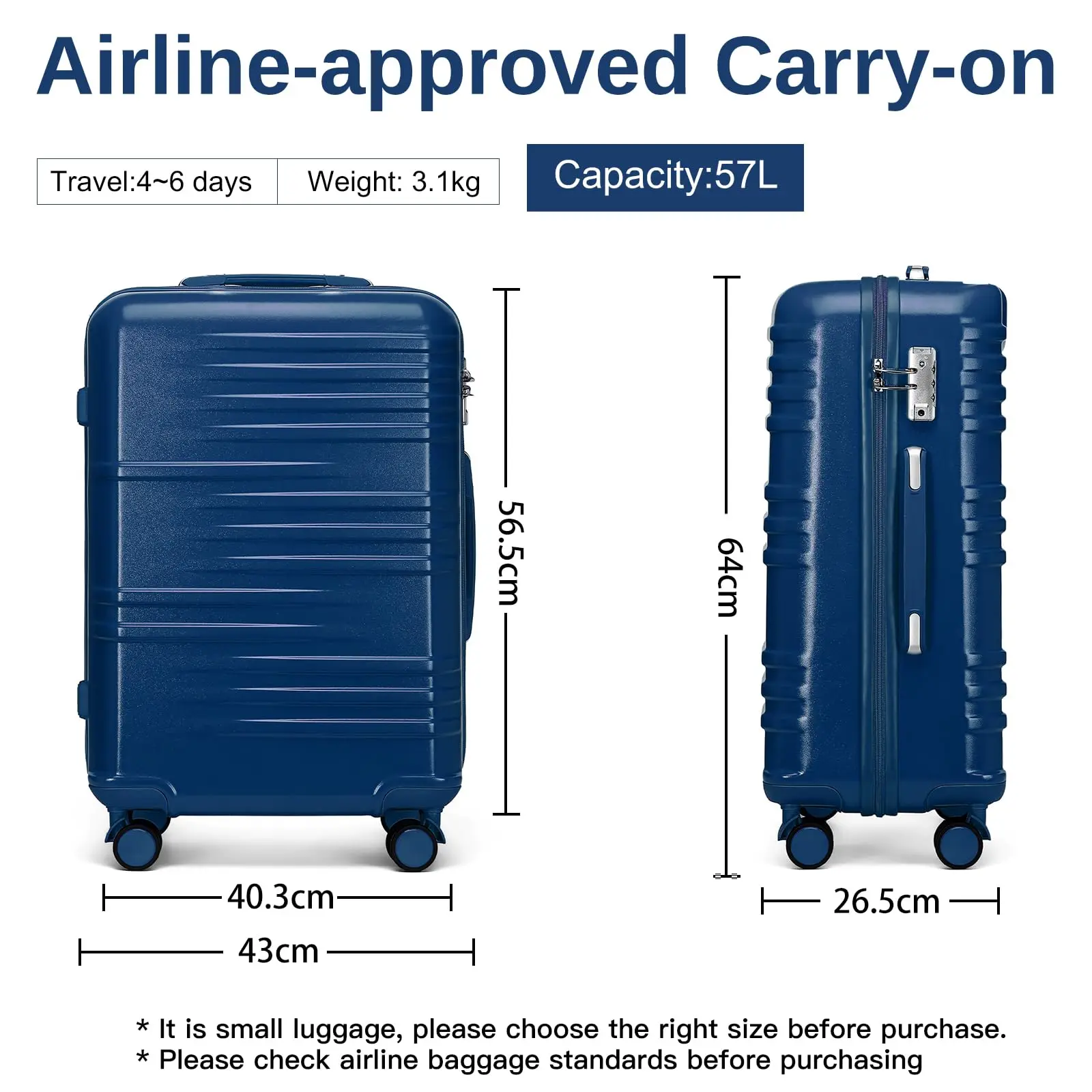 British Traveller Lightweight PC Cabin Suitcase, Hard Shell Hand Luggage with 4 Spinner Wheels and 3-Digit Combination Lock