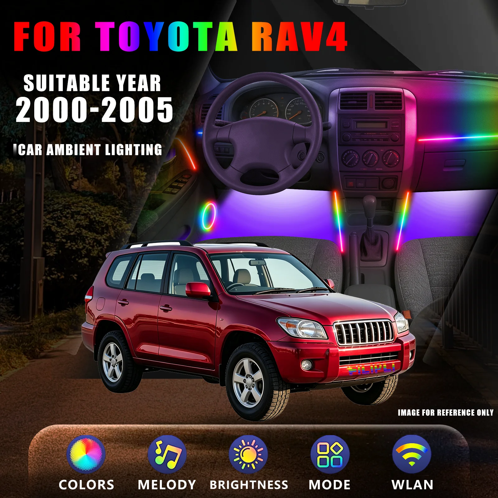 FOR TOYOTA RAV4 2000-2005 YEAR DREAM COLOR 6 Lights car ambient light kit fan sweep unlock welcome glow music spectrum beat jump glue free snap mount app custom light duration interior accessory