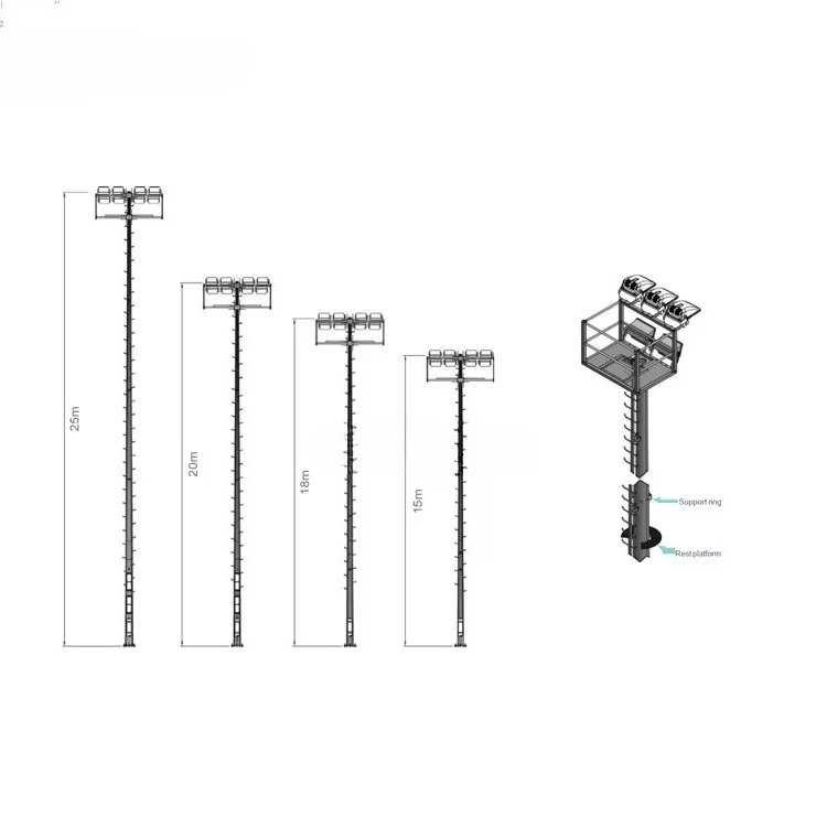 Lichtgewicht led-schijnwerperpaal met hoge mast en motor, hoge mastpaal