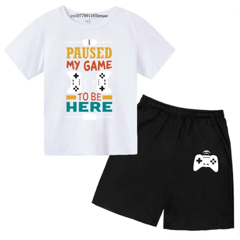 Kids Fashion Letter Print I Paused My Game Summer Sweat-wicking T-shirts+Shorts 2PCS Suits 2-13 Years Boys Girls Outfits Clothes