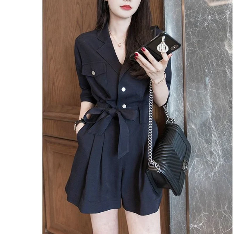 Summer Fashion Short Sleeve Jumpsuit Shorts Women Solid Color Pockets Patchwork Bow Button High Waist All-match Female Clothing