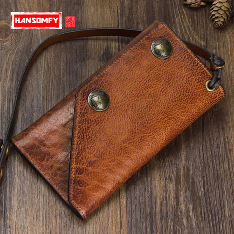 

Retro Genuine Leather Men Long Wallet Men and Women Clutch Bag Anti-theft Chain Purses Multi-functional First Layer of Leather