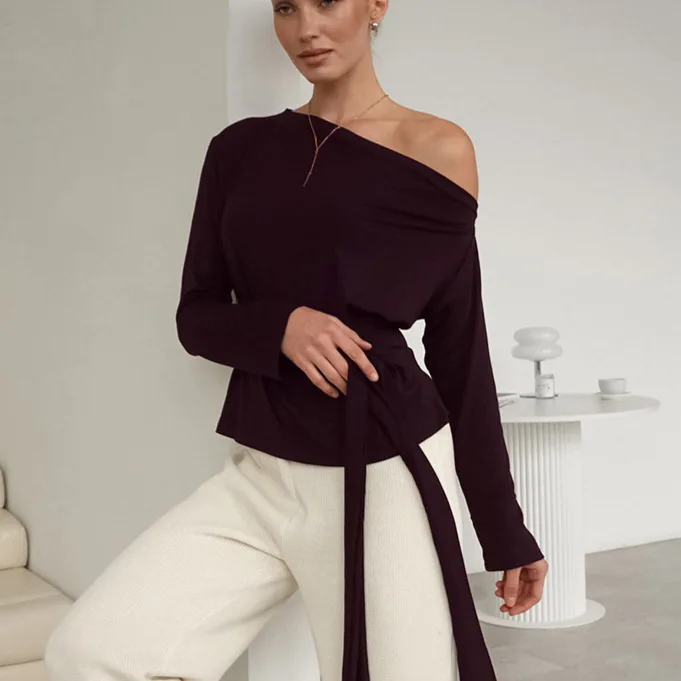 

Женская футболка с открытыми плечами во французском стиле, элегантная, с завязками на талии, с длинными рукавами, новинка весны 2026, базовая модель в европейском и американском стиле