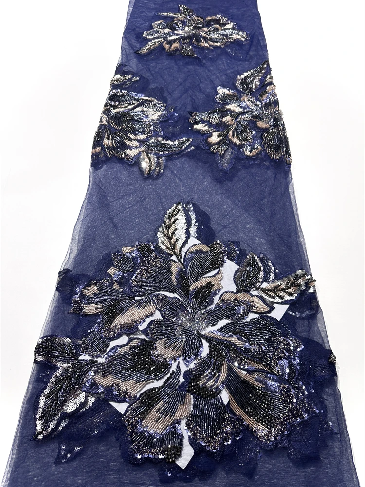 Fashion 2025 High Quality African Tulle Lace Fabric Handmade Beads Nigerian Sequin Laces Fabrics 5 Yards for Women Party Dress