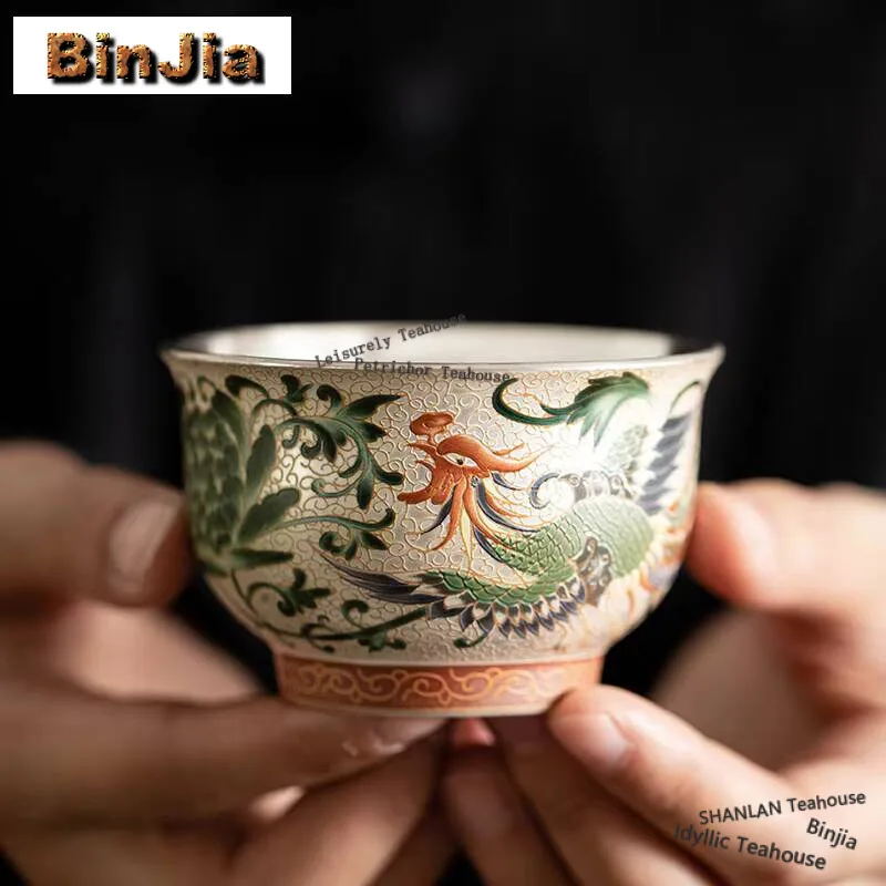 2pc/set Chinese Dragon Phoenix Ceramic Teacup Handmade Gilt Silver Master Cup Tea Couple Pair Tasting Tea Bowl Mug Drinking Gift