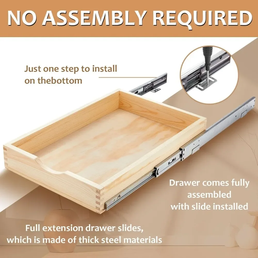 4 Set Rak Gulung Tutup Lembut Organizer Kabinet Baki Tarik Kayu, Lemari Dapur Rak Dapur Geser Rakitan Sepenuhnya