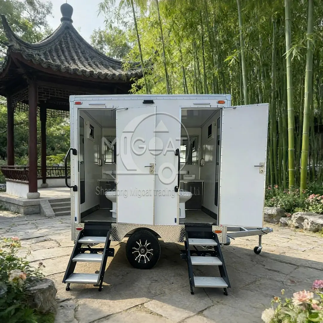 

Double Stall Portable Toilet Trailer with Washbasin for Camping Wedding Site Temporary Bathroom Portable Restroom Trailer