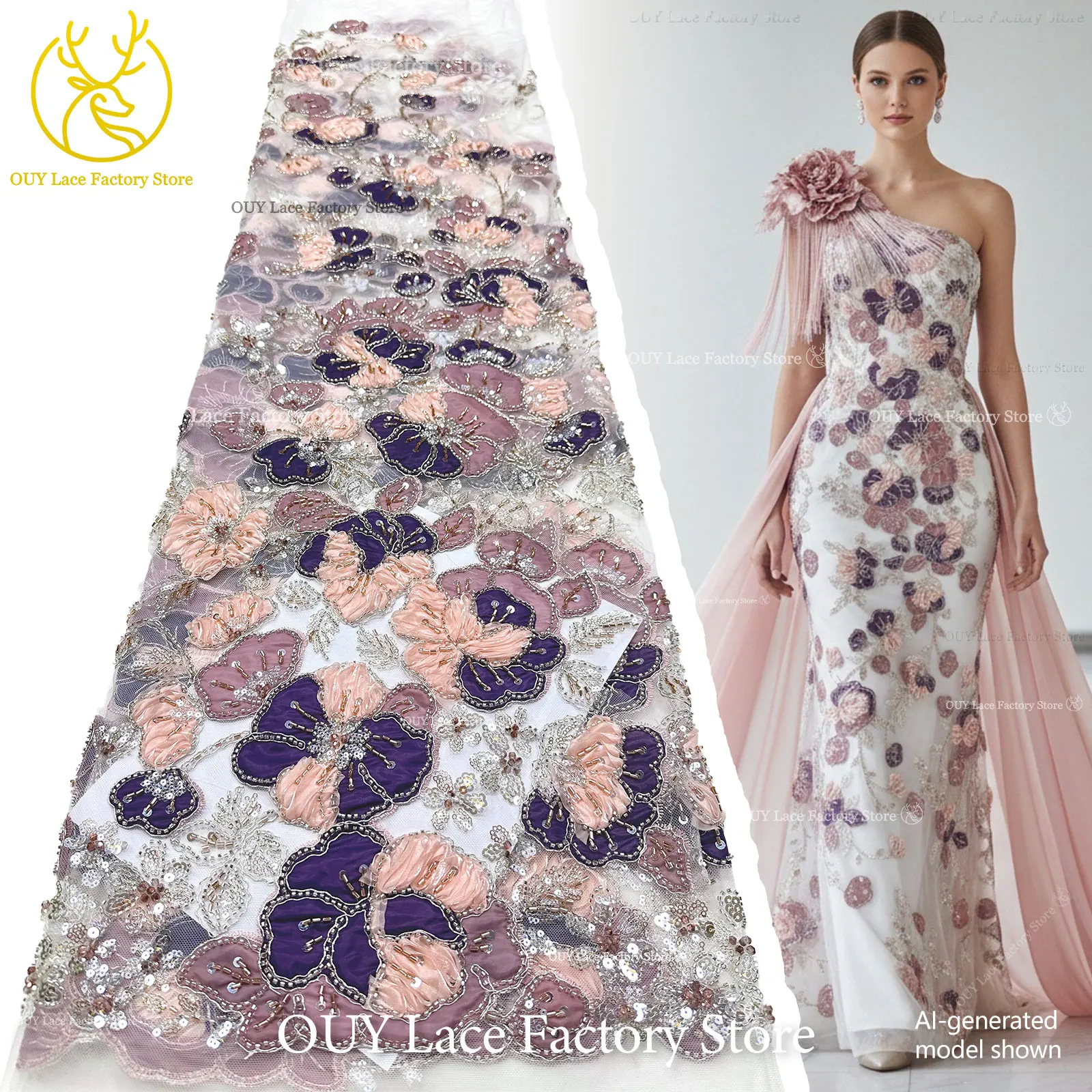 Afrikanischer Spitzenstoff, hochwertige französische Blumenstickerei, Perlen, Pailletten, Tüll, Netzspitze für Frauen, Hochzeitskleid, Nähen, 5 Yards – Detail 5