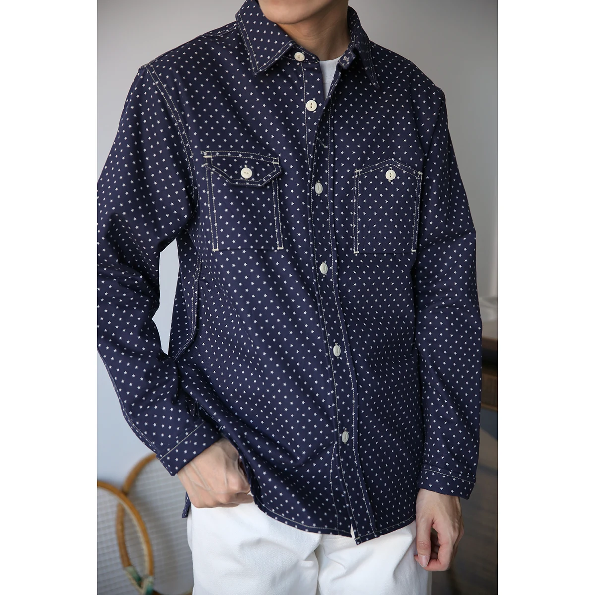 BOB DONG Wabash Star Print Work Shirt Indigo Vintage Inspired Long Sleeve Shirt