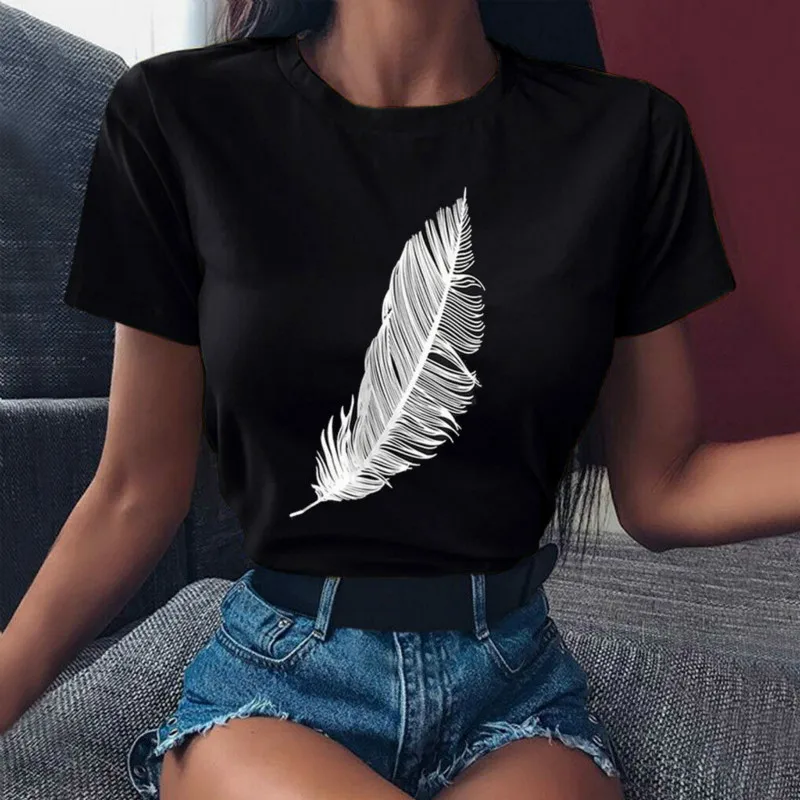 

2025 New Tee Shirt Women Casual Harajuku Fashion T-shirt Feather Print Loose O-neck Short Sleeve Elastic Stretched Summer Home