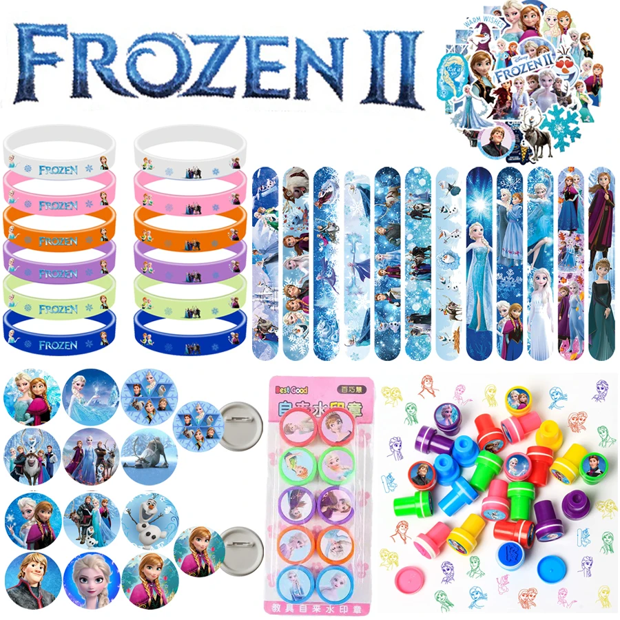 Suministros de recuerdos de fiesta de Frozen, sellos de recuerdo de fiesta de princesa Anna Elsa, pegatinas, pulseras de bofetadas, regalos, decoraciones para fiesta de Navidad