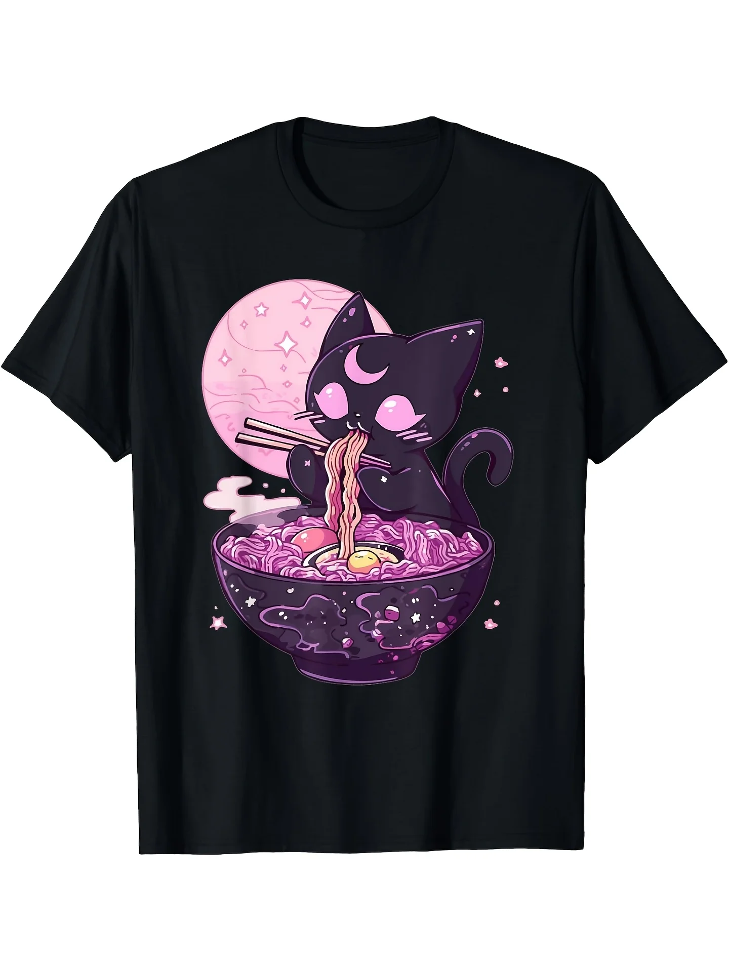 

Women's Black Cat Eating Ramen Graphic T-Shirt Cute Kawaii Short Sleeve Crew Neck Top with Stars Moon Design