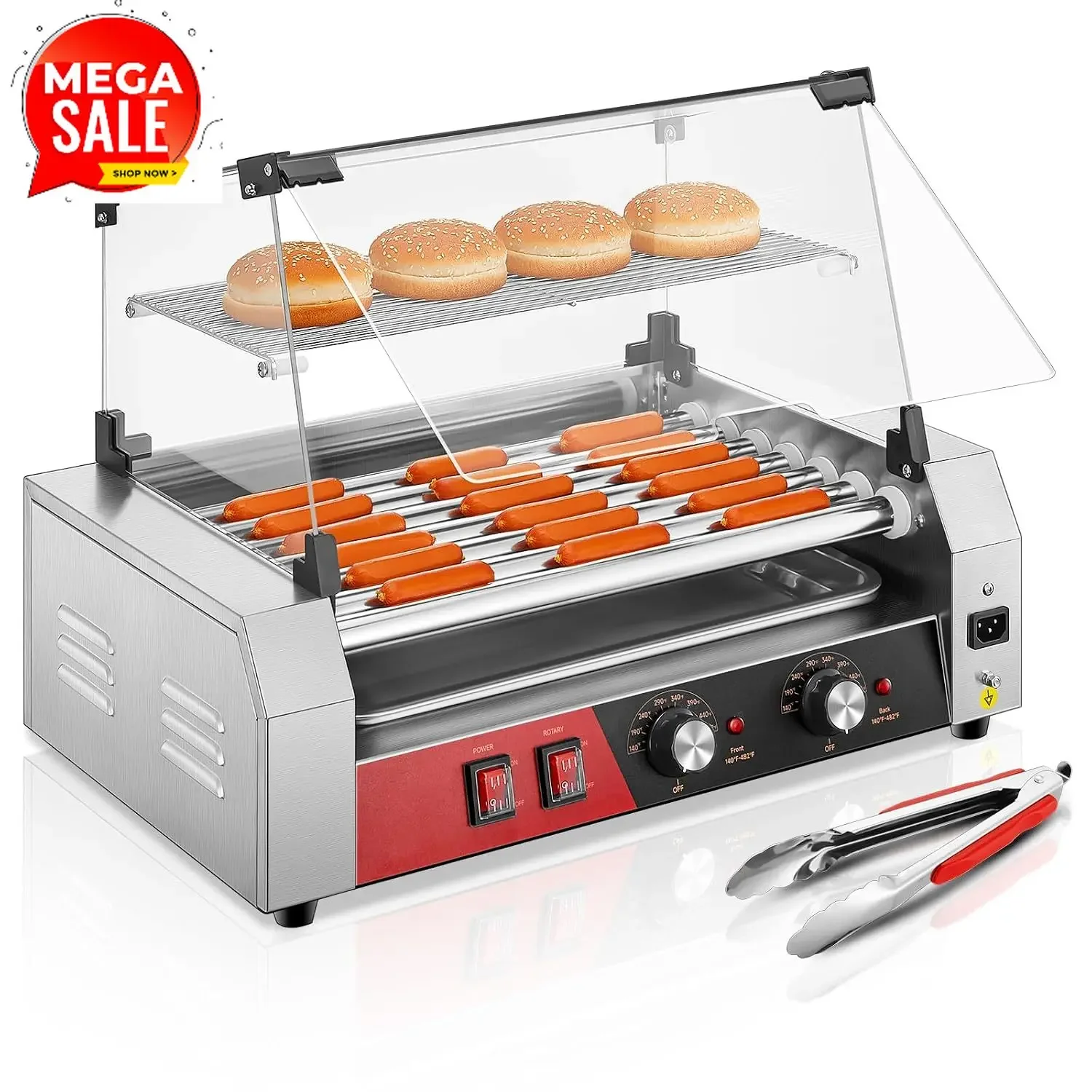 Hot Dog Roller, 7 Rollers 18 Hot Dog Capacity,1050W Stainless Steel Hot Dog Machine with Bun Shelf, Drip Tray, Glass Cover