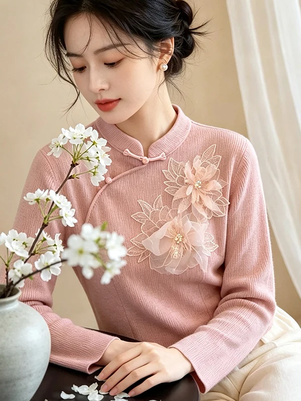New Chinese Style Knitted Base Shirt Women's Autumn Winter Long Sleeve Soft Style Flag Robe Style Inner Wear Small Shirt
