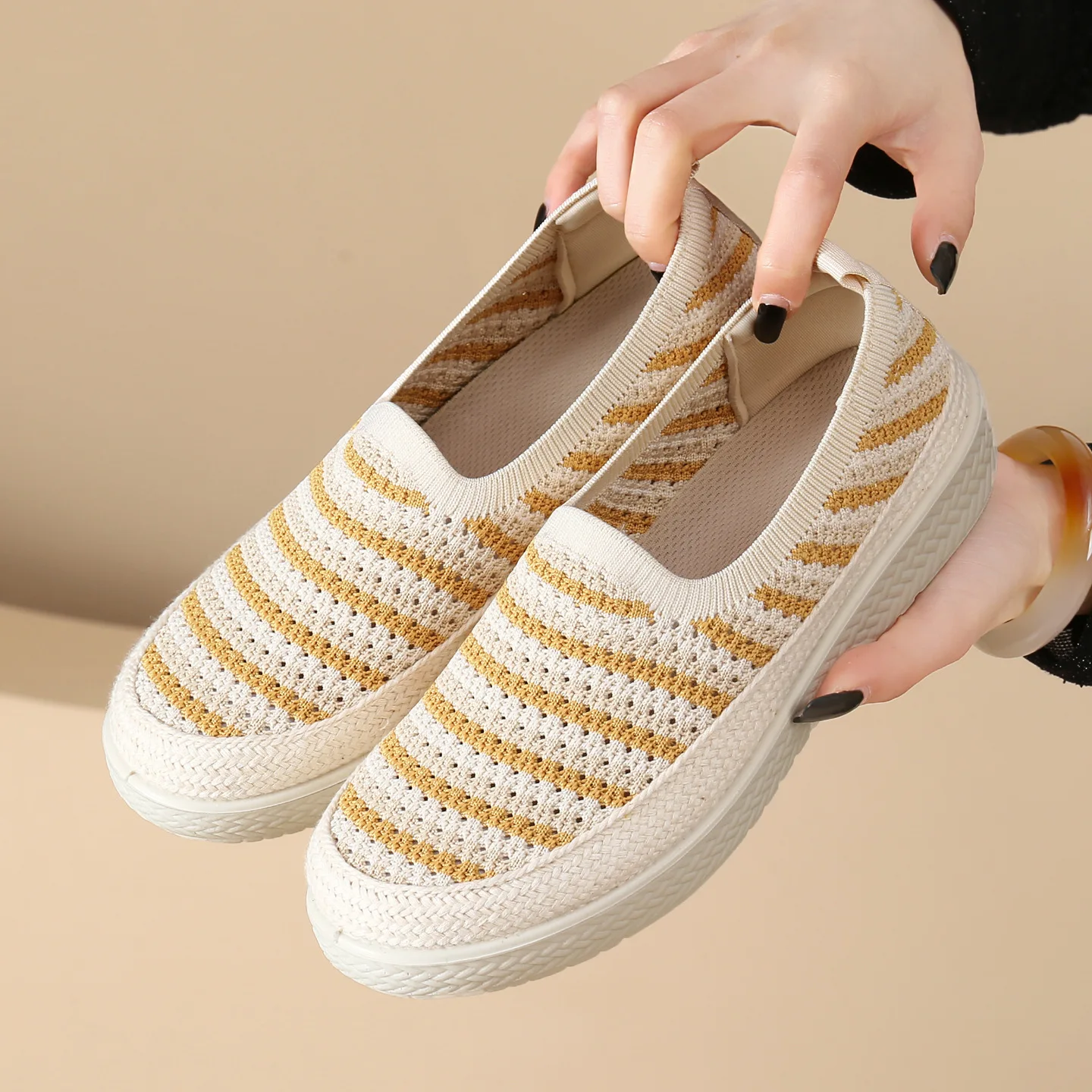 Knit Hollow Stripe Slip On Casual Women Shoes Three Colors Anti Slip Flexible Sole Sweat Wicking Lightweight Daily Walking Shoes