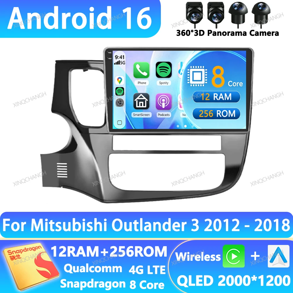 Android 16 Car Radio For R Mitsubishi Outlander 3 2012 - 2018 Qualcomm Multimedia Video Player 2DIN BT 4G LTE 5G WIFI Navigation