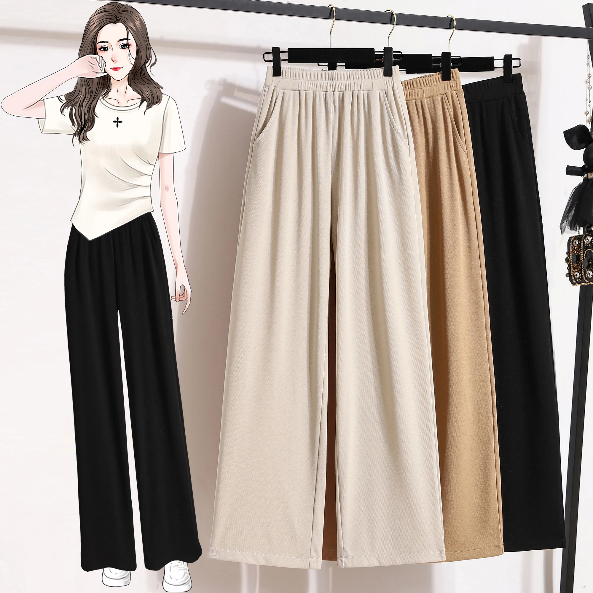 

2024 Women's Summer Fashion Loose High Waist Pants Female Solid Color Wide-leg Pants Ladies Ice Silk Thin Casual Trousers N45