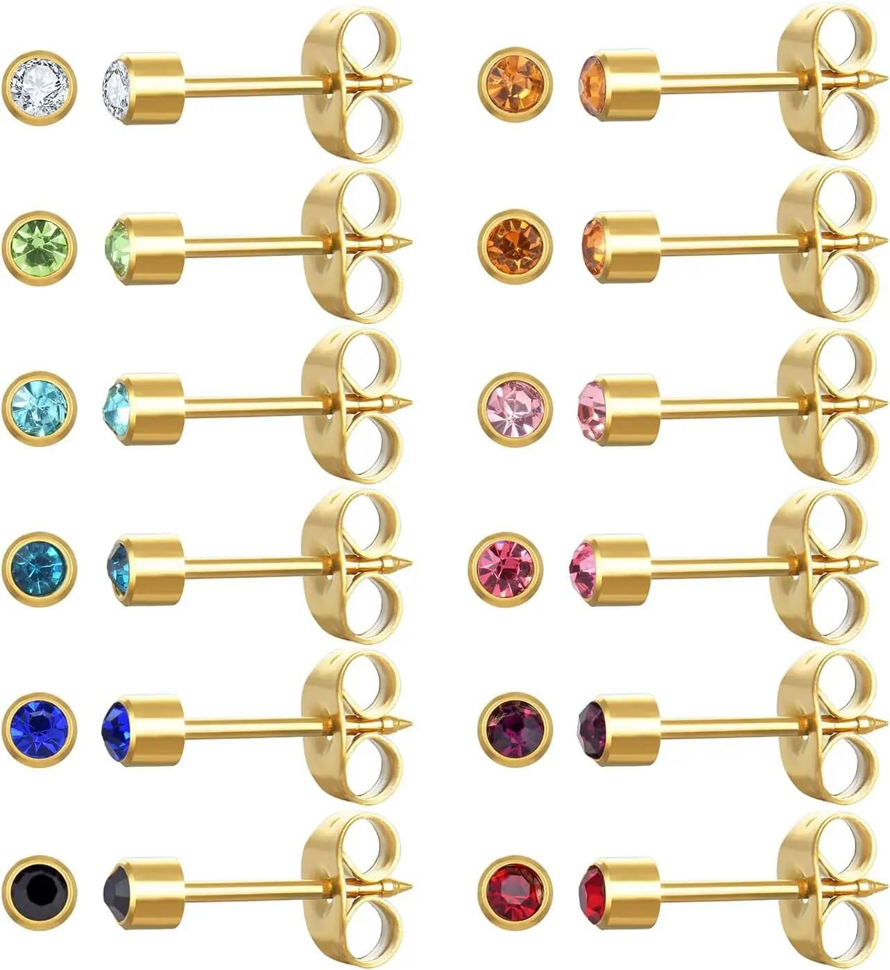 

12 Pairs Ear Piercing Stud Earrings Set Surgical Stainless Steel Multicolor Birthstone Cubic Zirconia