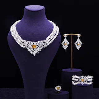 HIBRIDE Luxury Retro Sparkle White Pearl Jewelry Necklace Earrings Bracelet Women Decorative Wedding Banquet Gift S-1058