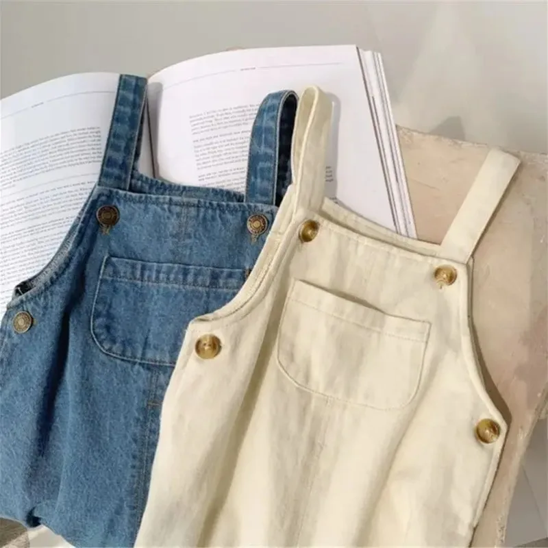 Fall Spring Denim Baby Girl Boy Overalls Solid Jeans Jumpsuit Pocket Children Casual Loose Rompers Blue Kids Overalls Outfits