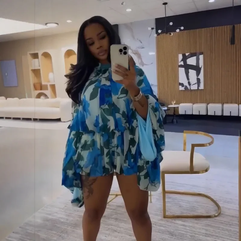 

Женская мода с цветочным принтом, праздничный комплект из 2 предметов, блузка с длинным рукавом и круглым вырезом, топы + трусики, шорты, повседневные уличные костюмы