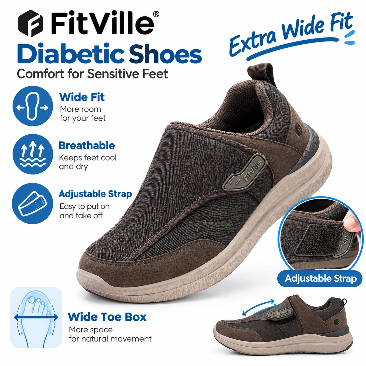 Fitville Men'S Diabetic Shoes Casual Walking Shoe Breath for Older Adults Swollen Feet Slip-On Shoes Foot Pain Relief Neuropathy