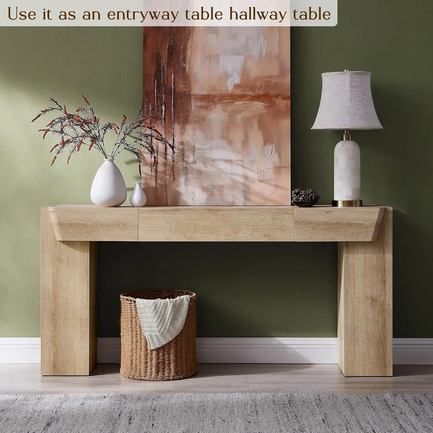 63" Wood Console Table with Storage Drawer, Modern Entryway Sofa Table for Hallway Living Room, Natural Oak, Customized view 4