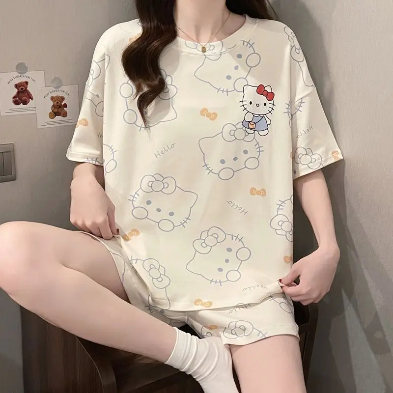 Cute Hello Kitty Summer White&blue Pajama Set Women's Crew Neck Short Set Loungewear Animal Cartoon Home Clothes Set Girls Gift