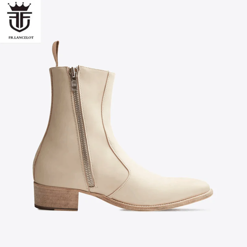 2024 fashion Beige Matt Leather Chelsea Boots British Men Real leather Boots men\'s Wedding booties Side Metal Zip knight shoes