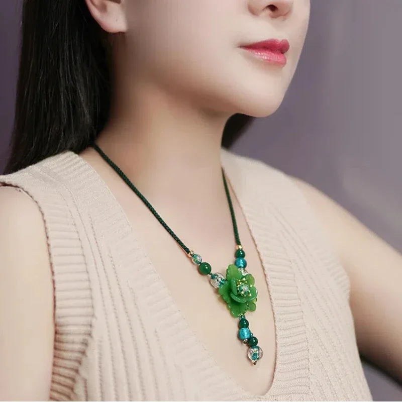 New Hanfu Clavicle Chain Necklace Antique Ethnic Style Pendant Accessories Green Women's High-grade Sense Rope Decoration Agate