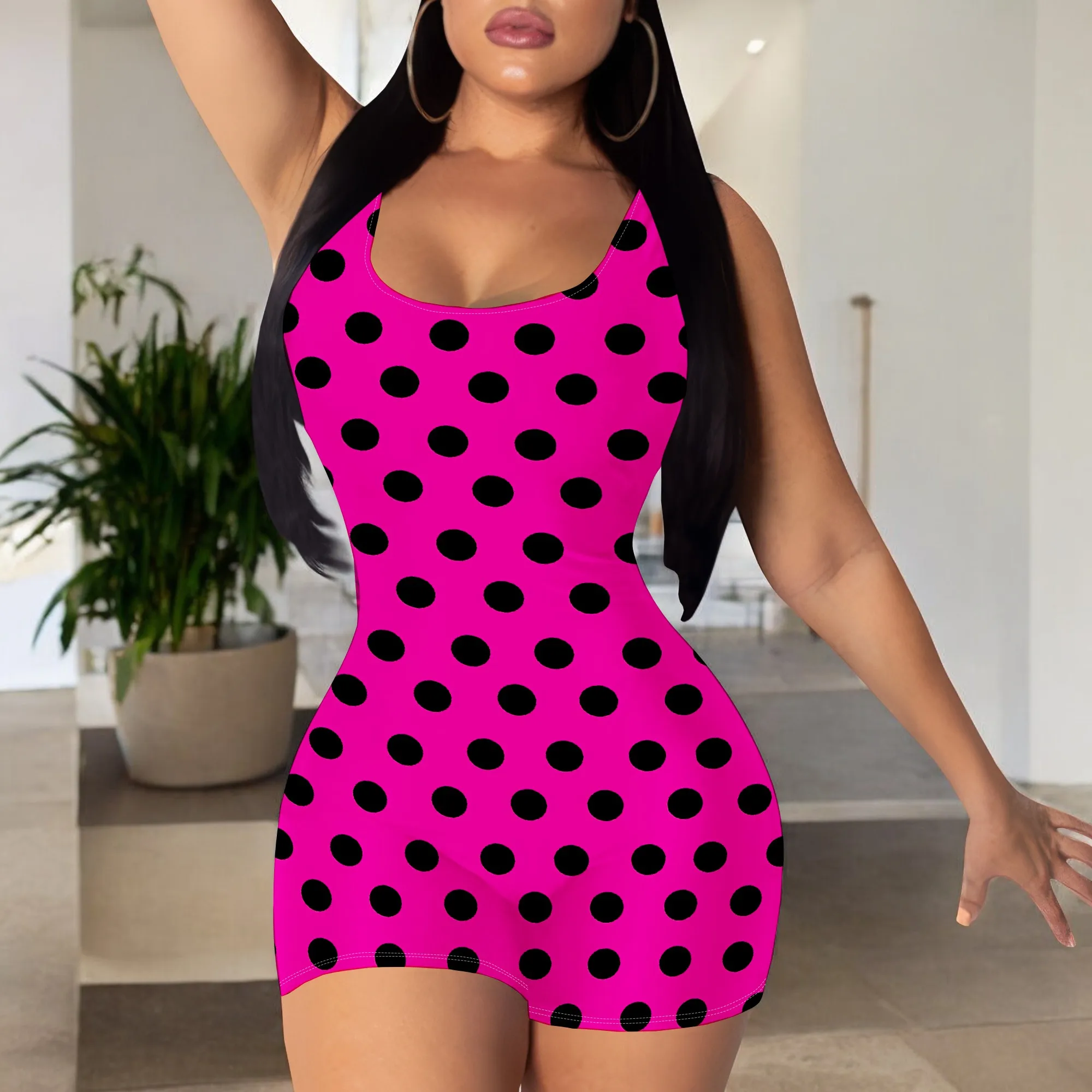 

Nupusa Polka Dot Print Romper for Women Regular Size Summer Casual Sleeveless Bodycon Romper