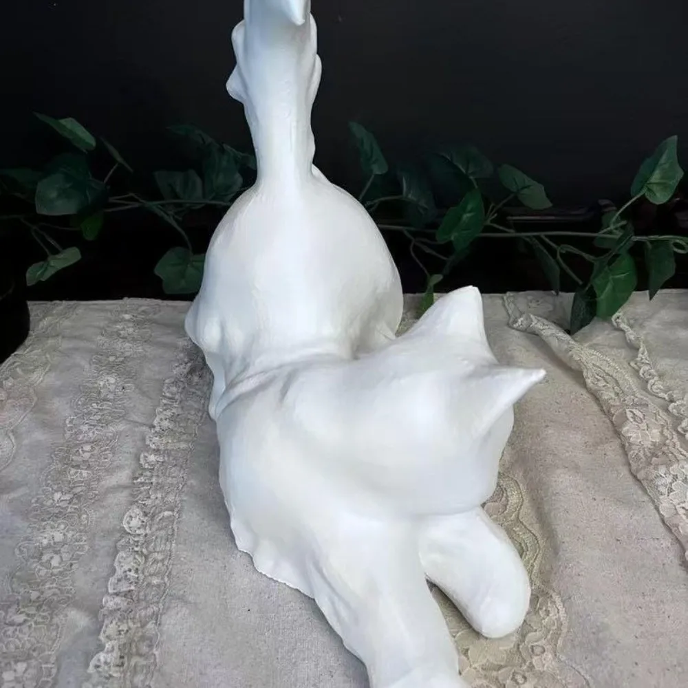 Cute Halloween Black Cat Statue Glow in The Dark Handmade Stretching Cat Figurine White Unique Cat Resin Sculpture Shelf Display