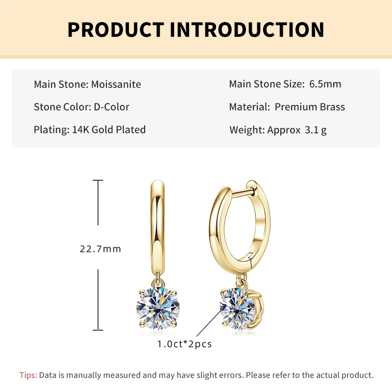 Rrjzz 6,5 mm Solitär-Moissanit-Diamant-Tropfenohrringe, hypoallergen, zierliche Hängeohrringe für Frauen, 1 Karat, Schmuckgeschenke – Detail 1
