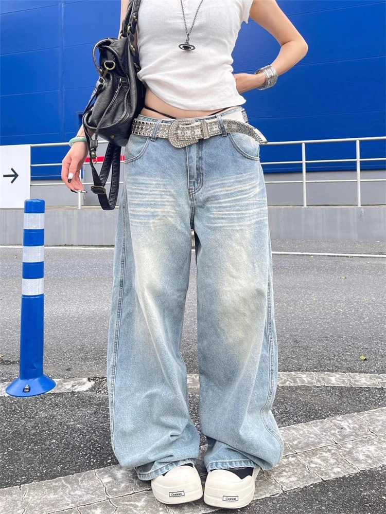 Frauen Retro Blau Gebogene Breite Bein Unisex Jeans Cool Girl Street Style Lose Hosen Casual Böden Weibliche Gerade Denim Hosen