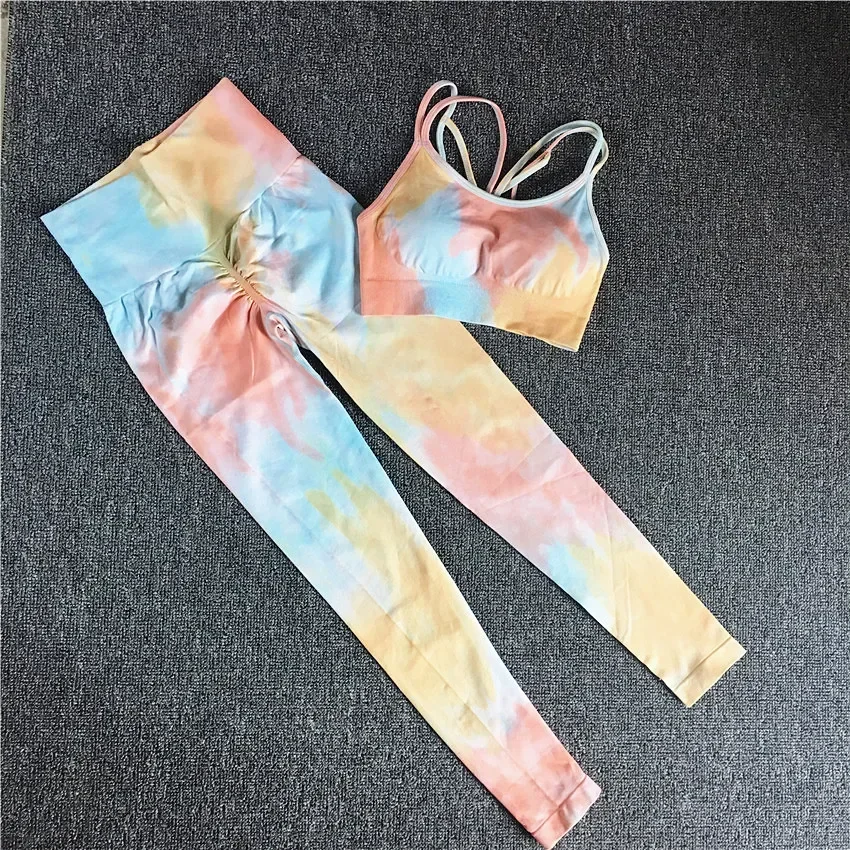 1/2/3Pcs Women Tie Dye Sportswear Yoga Set Workout Leggings Scrunch Leggings Gym Shorts Seamless Gym Sports Bra Yoga Tracksuit