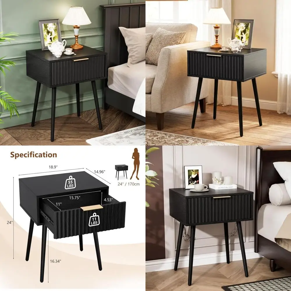 

Пара современных черных деревянных прикроватных тумбочек, 18,9 Ш x 14,96 Г x 24 В (дюймы)