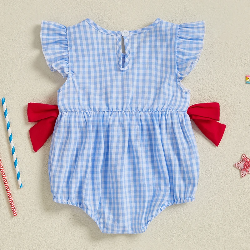 

Toddler Girls Summer Rompers American Flag Print Sleeveless Jumpsuits with Bowknot Independence Day Outfits for Infants