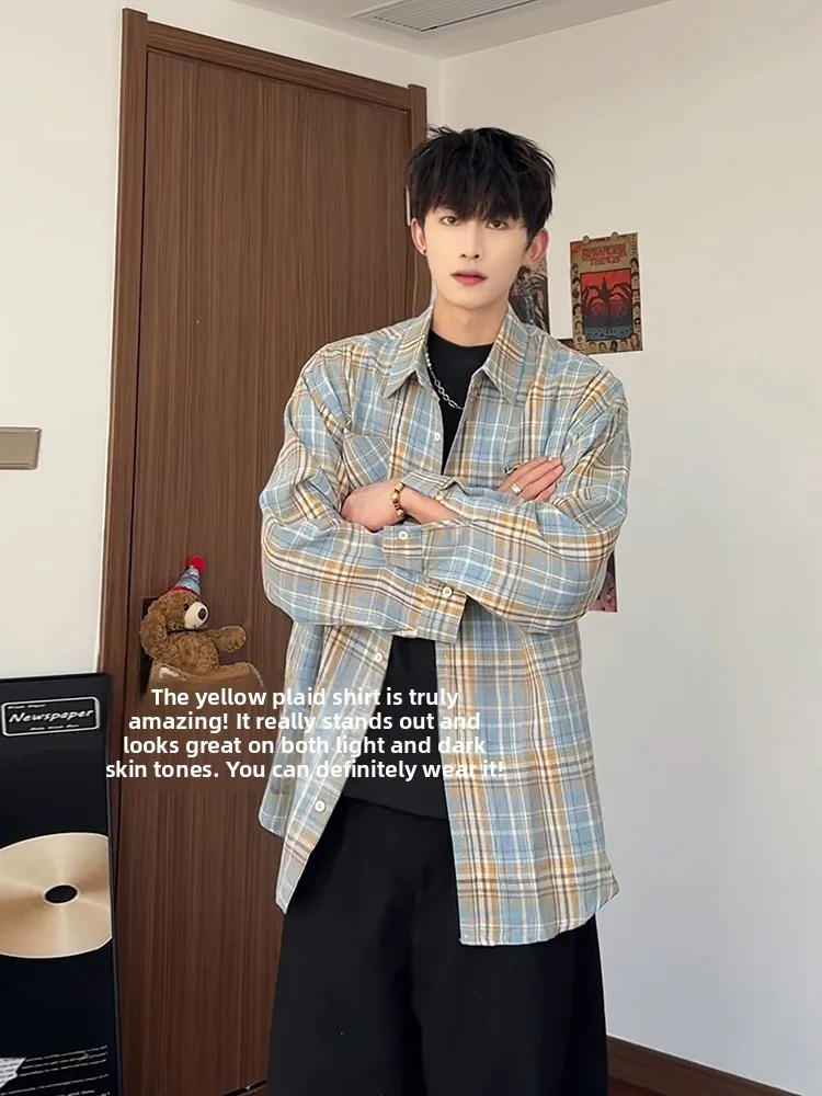 

Blue And Yellow Plaid Long Sve irt Men's Spring Autumn Sle Collared Jaet Outerwear Cleanfit Top Faionable And Hand...