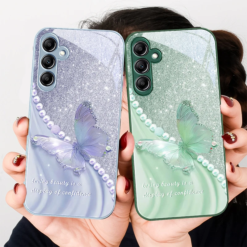 

Pearl Butterfly Gradient For Samsung Galaxy A01 02 03 Core A04 A14 4G A13 54 34 31 20 25 23 22 5G S21 Ultra S20 Glass Phone Case