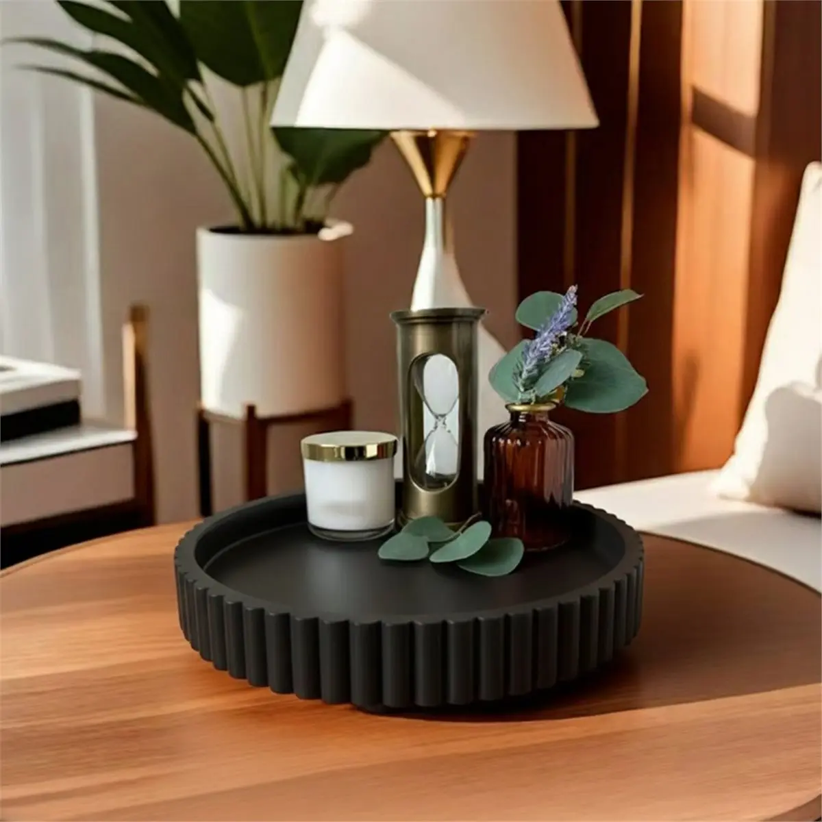 Round Decorative Serving Tray, , 11 Inch, Ribbed Edge Design Round Tray, Living Room, Side Table,Console