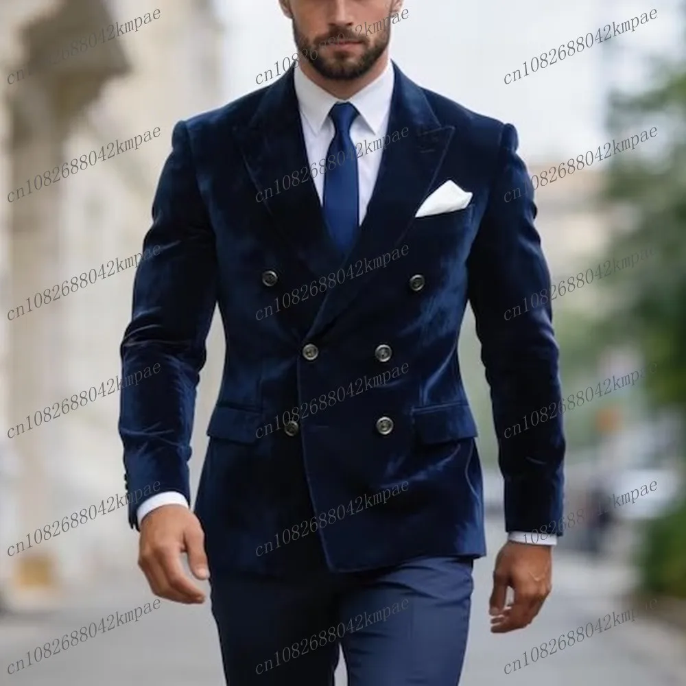 

New Navy Blue Velvet Men Suit Formal Business Groom Groomsman Wedding Party Prom Male Tuxedos 2 Piece Set Blazer Pants