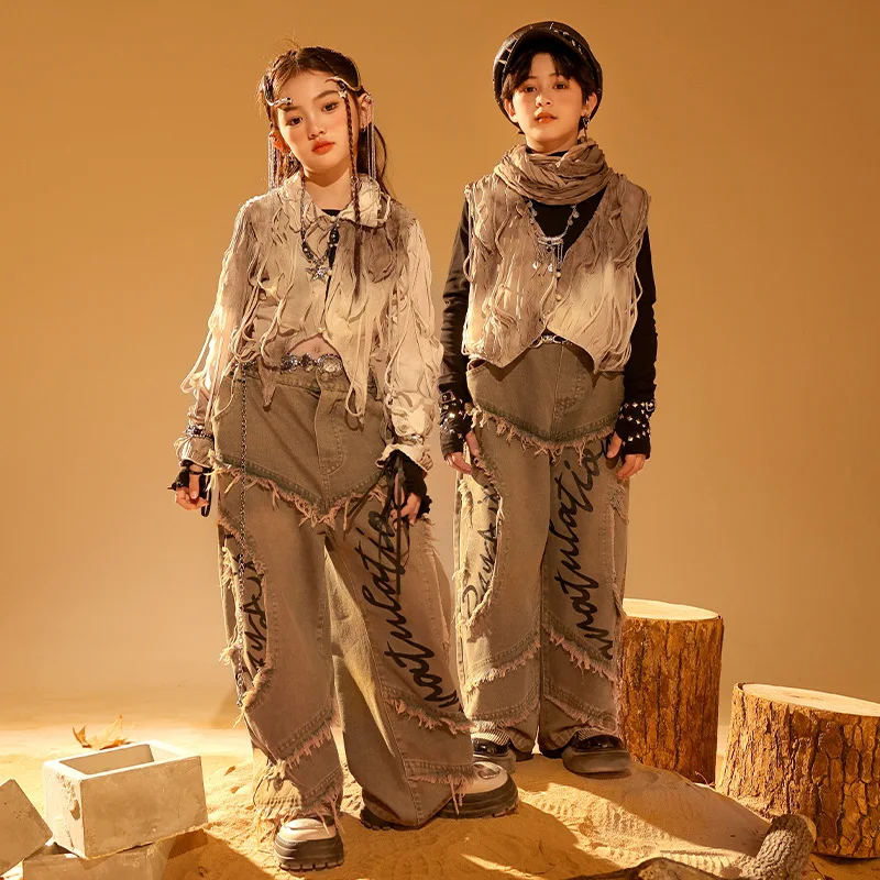 

Kid Wasteland Style Hip Hop Clothing Coffee Ruched Crop Shirt Vest Casual Raw Hem Jeans Pants for Girl Boy Dance Costume Clothes