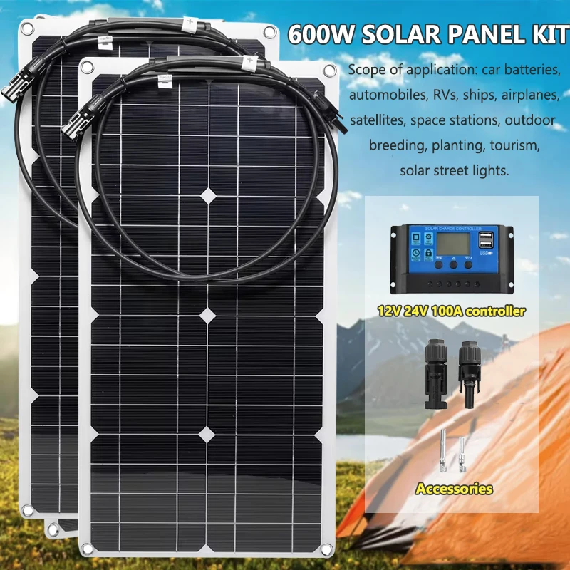 300W 600W Solar Panel Kit Flexible Solar Cell with 10A-100A Controller Power Bank For Home Mobile Phone Car RV Camping Outdoor