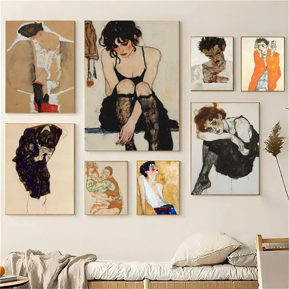 Egon Schiele Figure Sketch Vintage Art Poster Self-adhesive Living Room Bedroom Party Bar Decor Moisture-proof Fade-resistant HD
