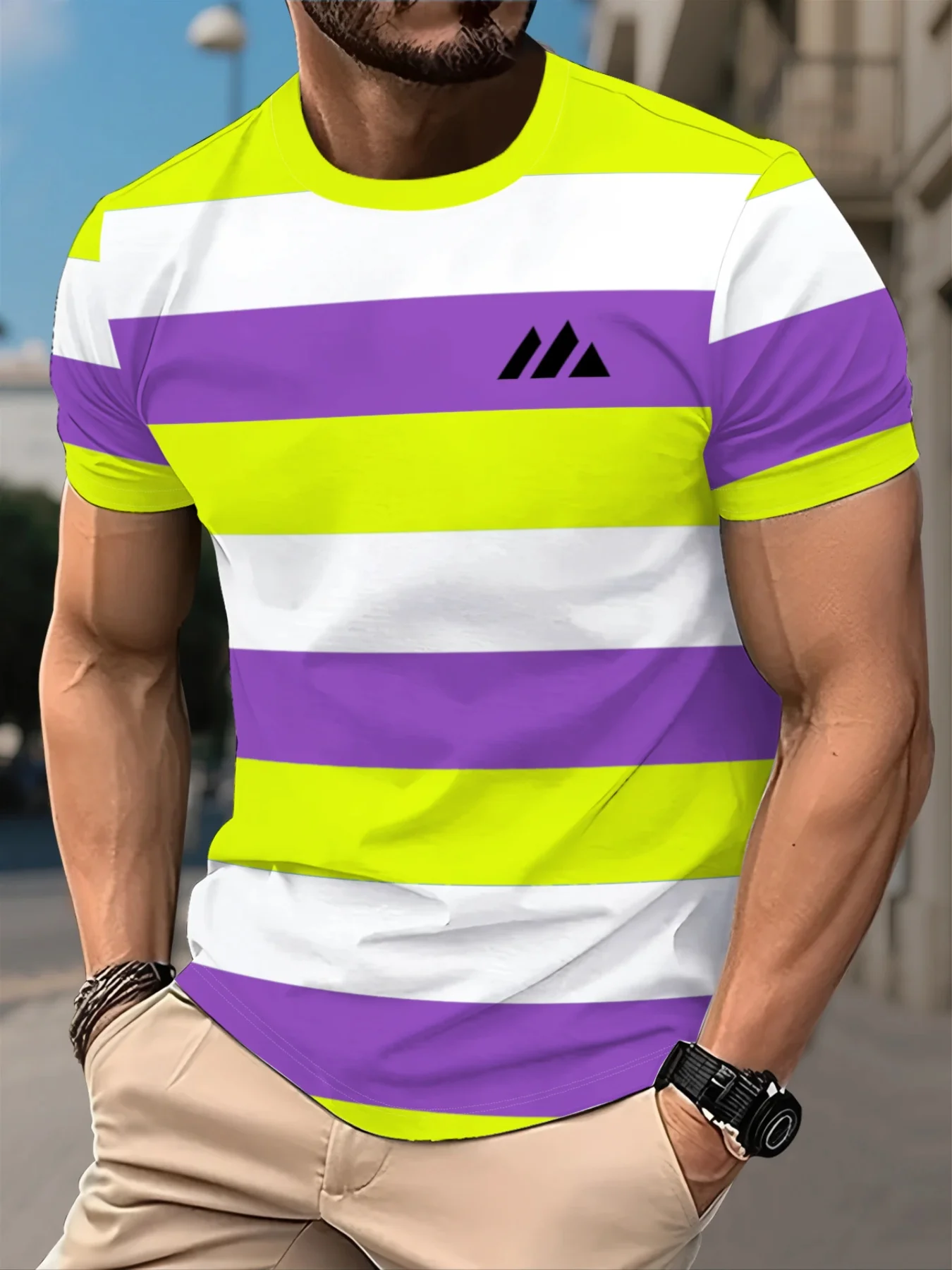 New men's short-sleeve T-shirt, loose-fitting and tailored with printed designs, versatile basic crew-neck top suitable for spri