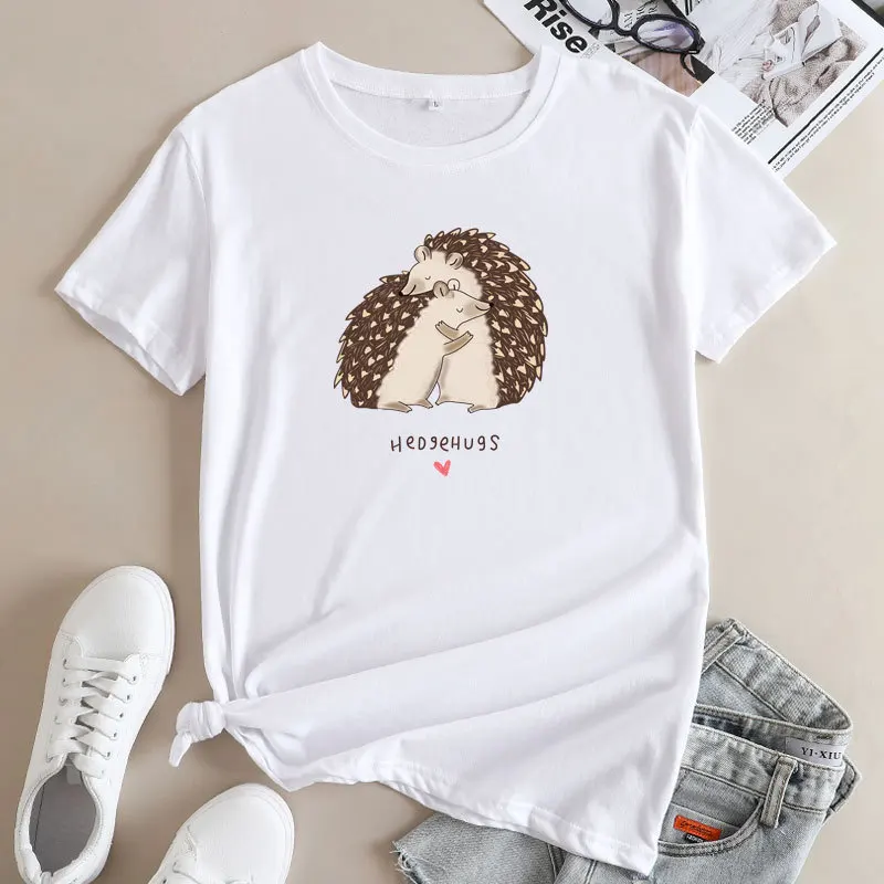 JFUNCY 2024 Summer Women T-shirt Short Sleeve T Shirts Oversized Cotton Woman Top Cute Hedgehog Graphic Tees Female Tshirt